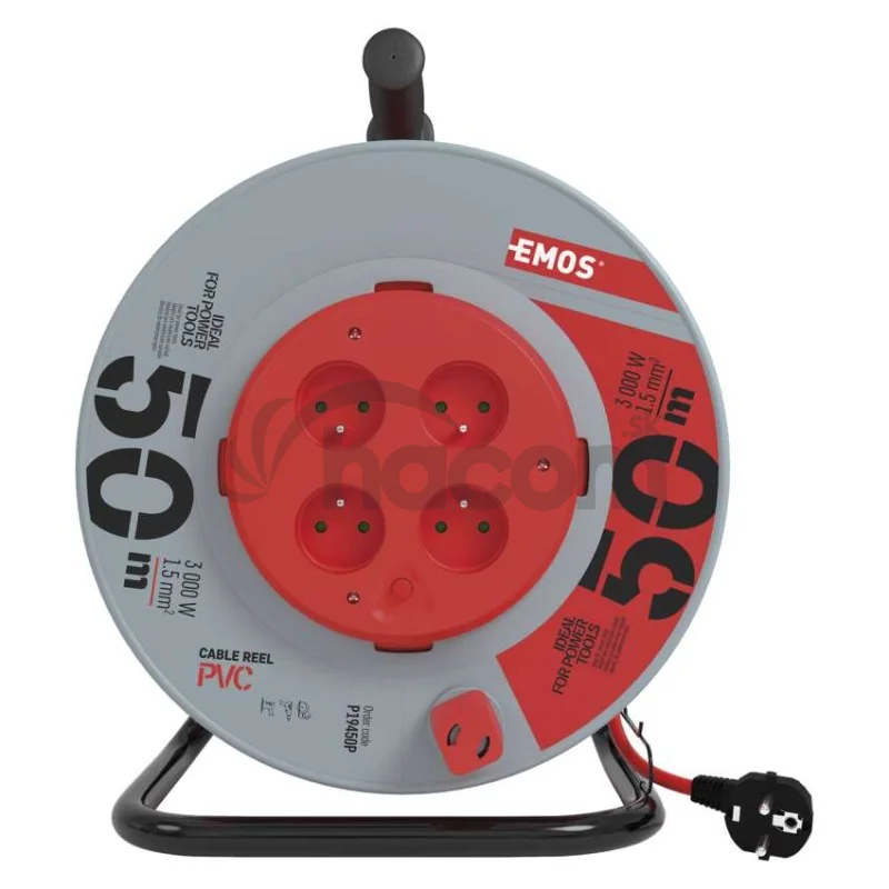 Predlžovací kábel na bubne 50 m / pevný stred / 4 zásuvky / červený / PVC / 230 V / 1,5mm2