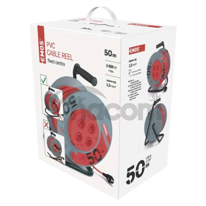 Predlžovací kábel na bubne 50 m / pevný stred / 4 zásuvky / červený / PVC / 230 V / 1,5mm2
