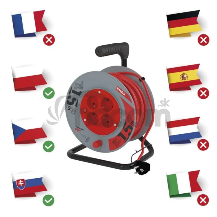Predlžovací kábel na bubne 15 m / 4 zásuvky / červený / PVC / 230 V / 1 mm2