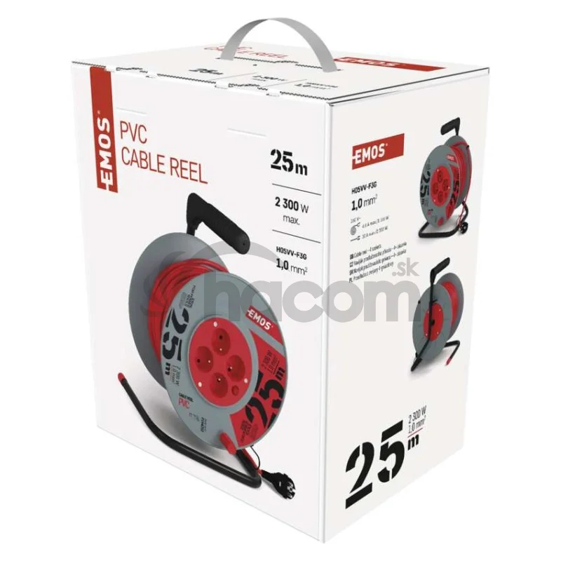 Predlžovací kábel na bubne 25 m / 4 zásuvky / červený / PVC / 230 V / 1 mm2