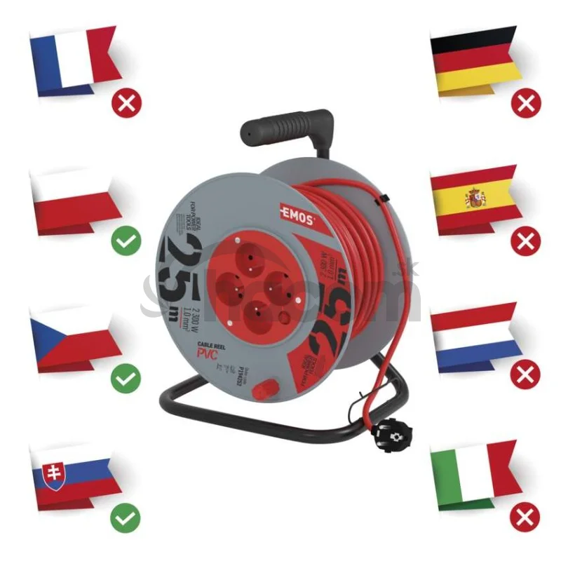 Predlžovací kábel na bubne 25 m / 4 zásuvky / červený / PVC / 230 V / 1 mm2