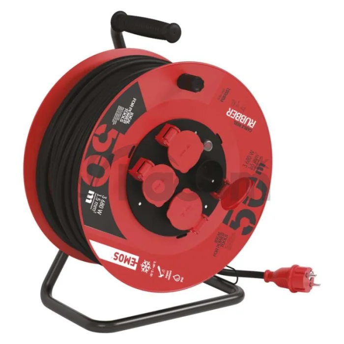 Vonkajší predlžovací kábel na bubne 50 m / 4 zásuvky / čierny / guma / 230 V / 1,5 mm2