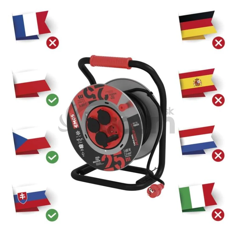 Vonkajší predlžovací kábel na bubne 25 m / 4 zás. / čierny / guma-neoprén / 230V / 1,5 mm2