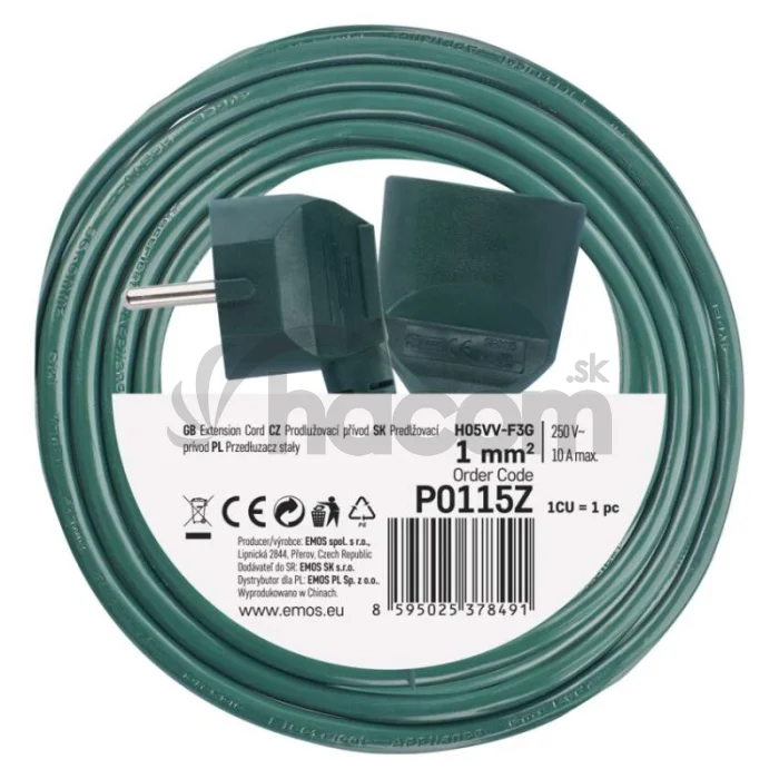 Predlžovací kábel 5 m / 1 zásuvka / zelený / PVC / 1 mm2