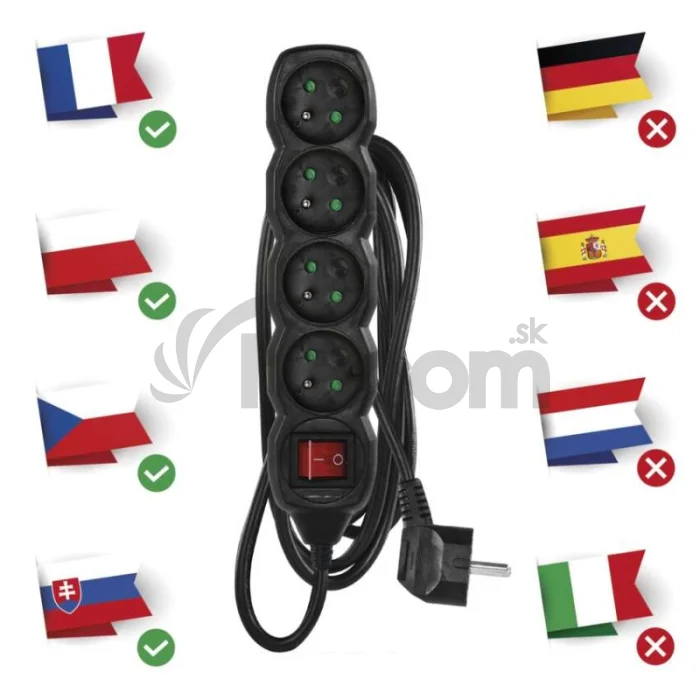 Predlžovací kábel 3 m / 4 zásuvky / s vypínačom / čierny / PVC / 1 mm2