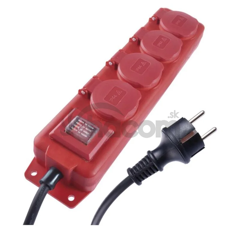Predlžovací kábel 5 m / 4 zásuvky / s vypínačom / čierno-červený / guma-neoprén / 1,5 mm2
