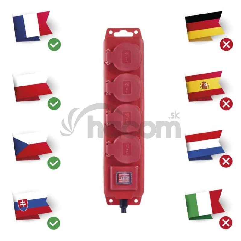Predlžovací kábel 5 m / 4 zásuvky / s vypínačom / čierno-červený / guma-neoprén / 1,5 mm2