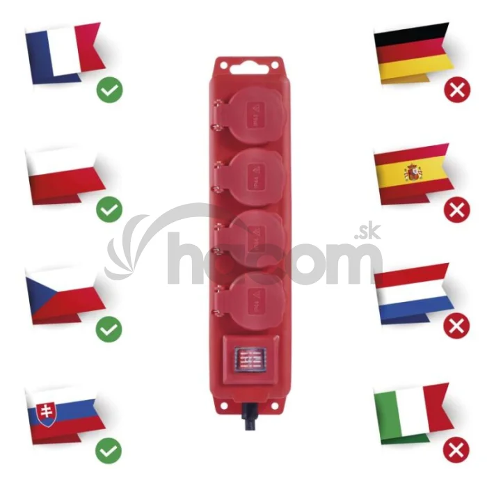 Predlžovací kábel 5 m / 4 zásuvky / s vypínačom / čierno-červený / guma-neoprén / 1,5 mm2