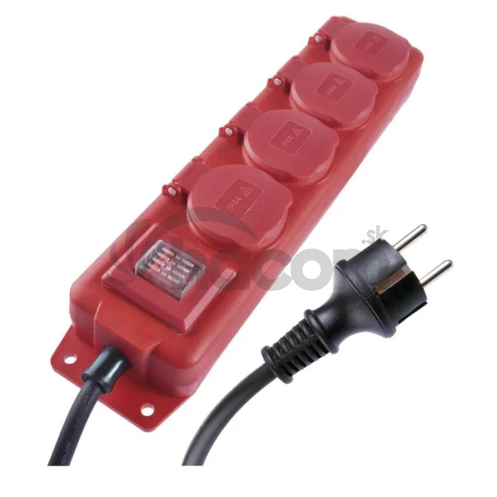 Predlžovací kábel 10 m / 4 zásuvky / s vypínačom / čierno-červený / guma-neoprén / 1,5 mm2
