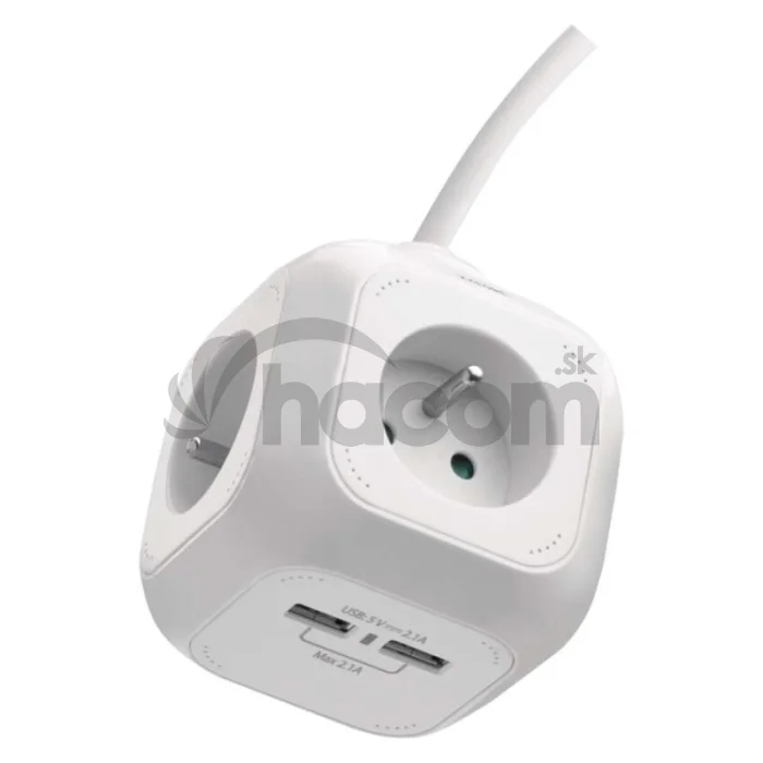 Predlžovací kábel - kocka 1,9 m / 4 zásuvky / biely / PVC / s USB / 1 mm2