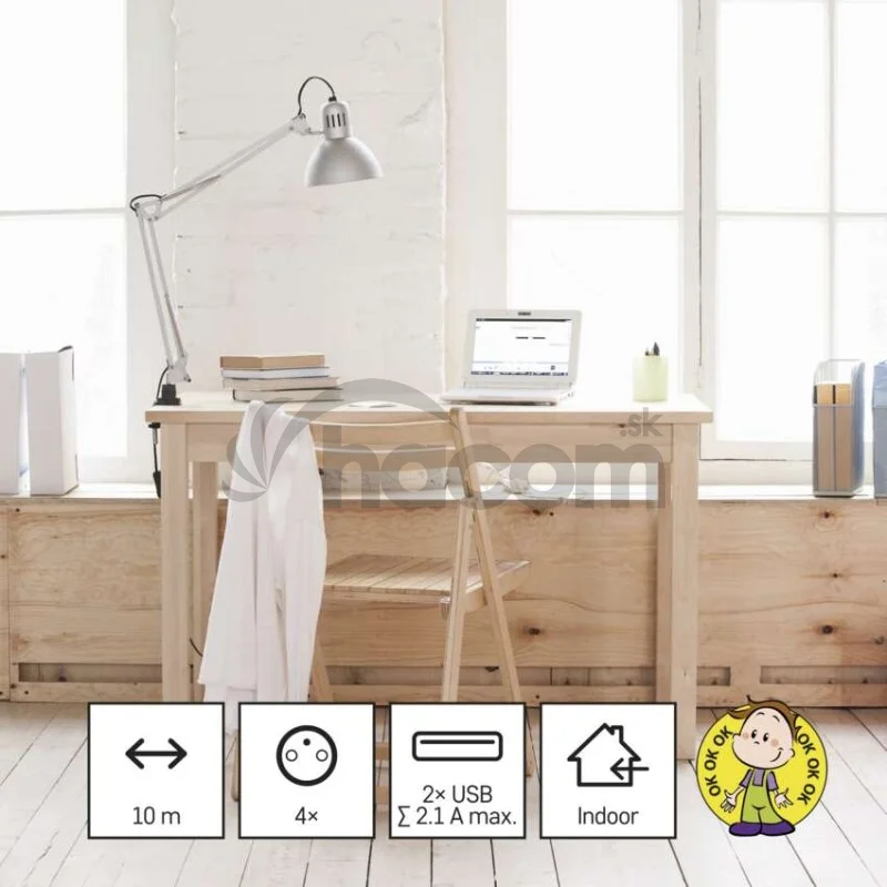 Predlžovací kábel - kocka 1,9 m / 4 zásuvky / biely / PVC / s USB / 1 mm2