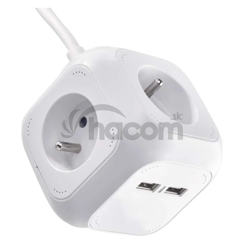 Predlžovací kábel - kocka 1,9 m / 4 zásuvky / biely / PVC / s USB / 1 mm2