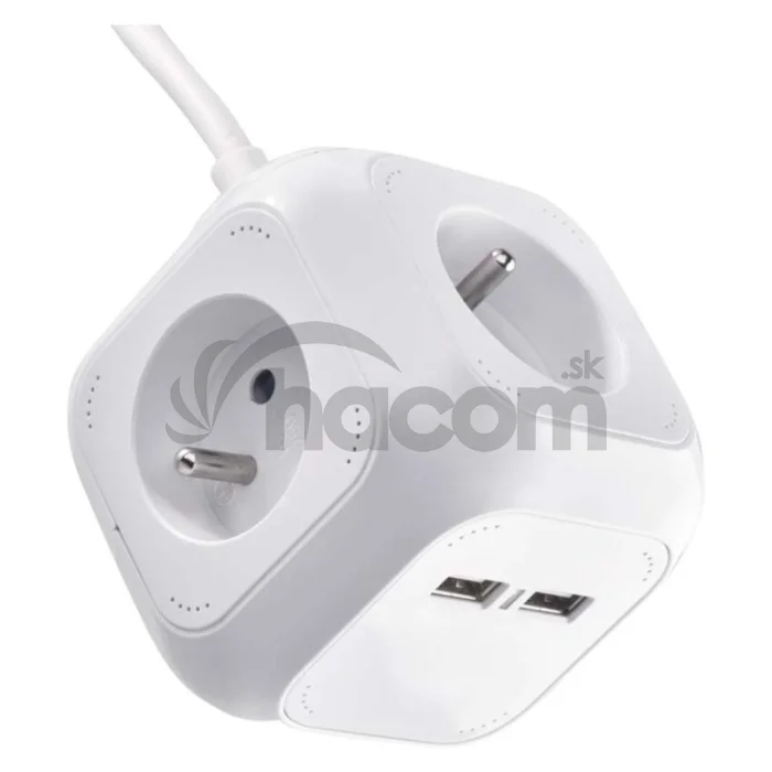 Predlžovací kábel - kocka 1,9 m / 4 zásuvky / biely / PVC / s USB / 1 mm2