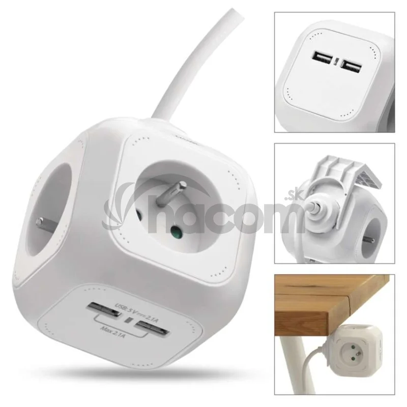 Predlžovací kábel - kocka 1,9 m / 4 zásuvky / biely / PVC / s USB / 1 mm2