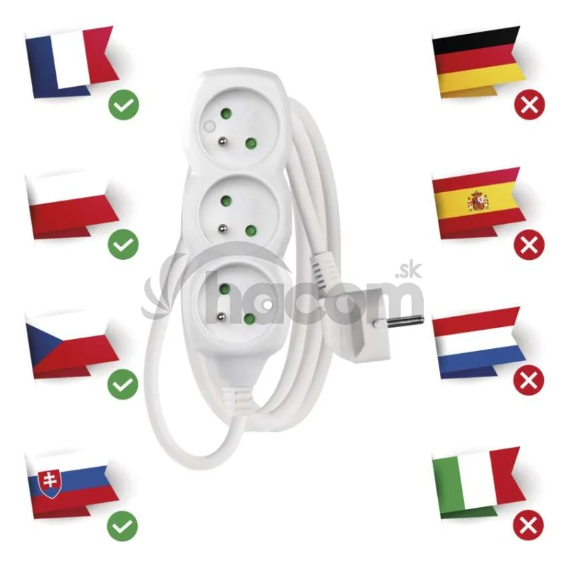 Predlžovací kábel 1,5 m / 3 zásuvky / biely / PVC / 1 mm2