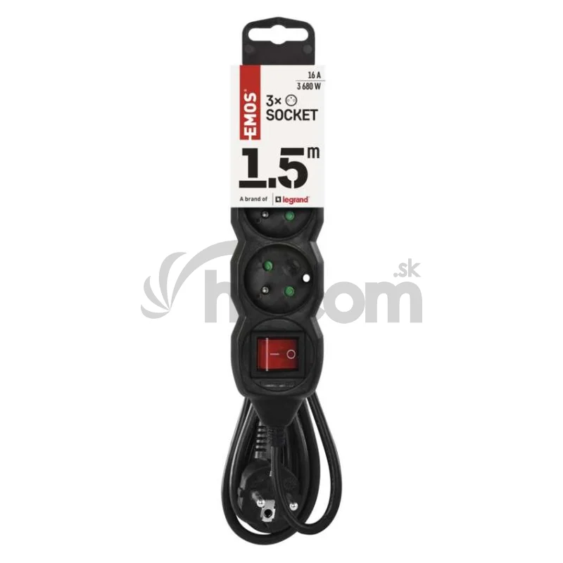 Predlžovací kábel 1,5 m / 3 zásuvky / s vypínačom / čierny / PVC / 1 mm2