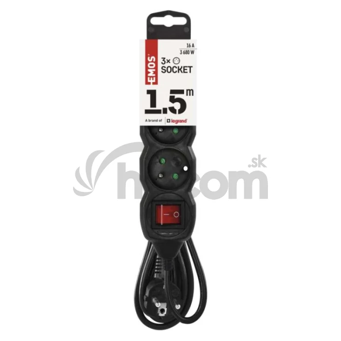 Predlžovací kábel 1,5 m / 3 zásuvky / s vypínačom / čierny / PVC / 1 mm2