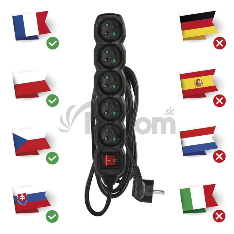 Predlžovací kábel 2 m / 5 zásuviek / s vypínačom / čierny / PVC / 1 mm2