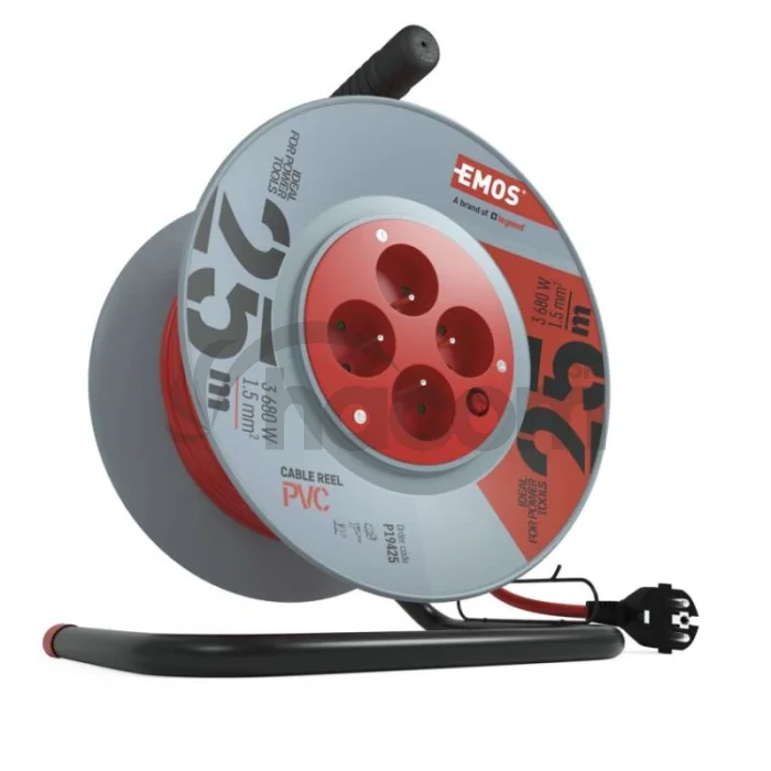 Predlžovací kábel na bubne 25 m / 4 zásuvky / červený / PVC / 230 V / 1,5 mm2