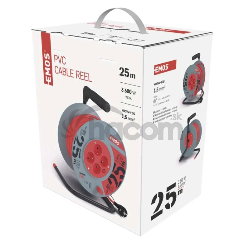 Predlžovací kábel na bubne 25 m / 4 zásuvky / červený / PVC / 230 V / 1,5 mm2
