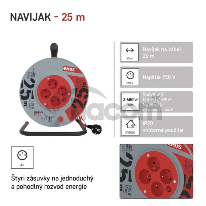 Predlžovací kábel na bubne 25 m / 4 zásuvky / červený / PVC / 230 V / 1,5 mm2