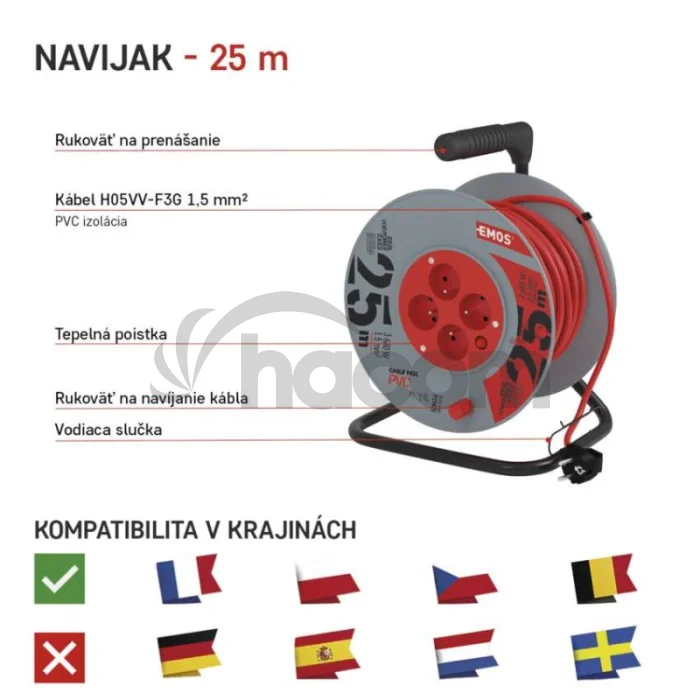 Predlžovací kábel na bubne 25 m / 4 zásuvky / červený / PVC / 230 V / 1,5 mm2