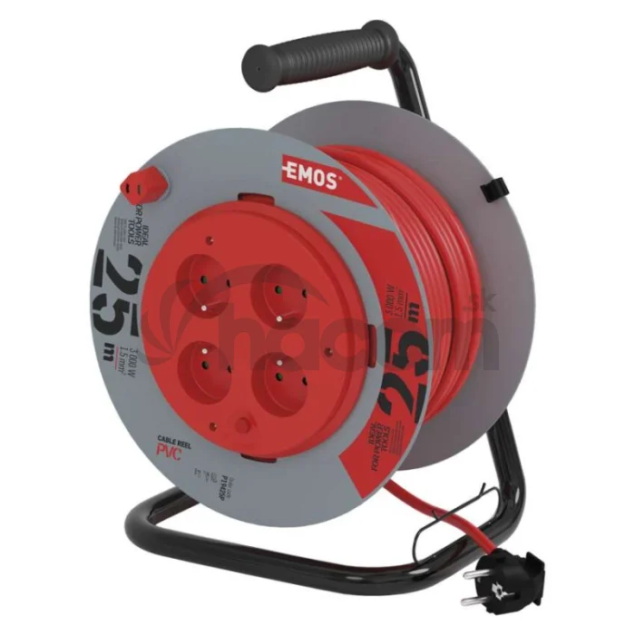 Predlžovací kábel na bubne 25 m / pevný stred / 4 zásuvky / červený / PVC / 230 V / 1,5mm2
