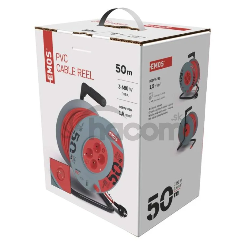 Predlžovací kábel na bubne 50 m / 4 zásuvky / s vypínačom / červený / PVC / 230V / 1,5 mm2
