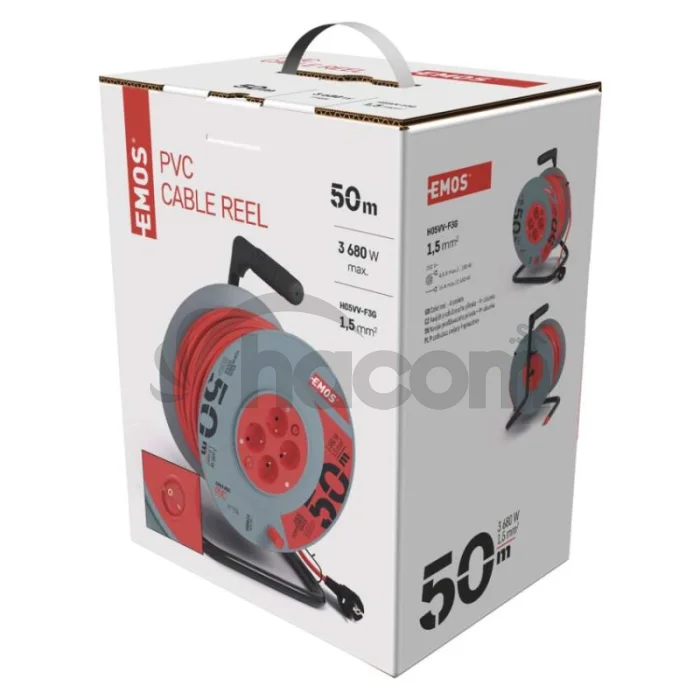 Predlžovací kábel na bubne 50 m / 4 zásuvky / s vypínačom / červený / PVC / 230V / 1,5 mm2