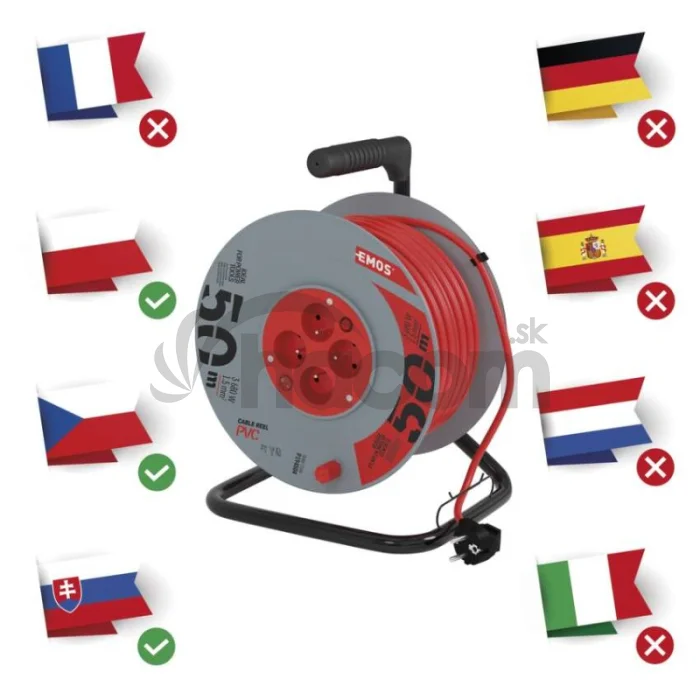 Predlžovací kábel na bubne 50 m / 4 zásuvky / s vypínačom / červený / PVC / 230V / 1,5 mm2