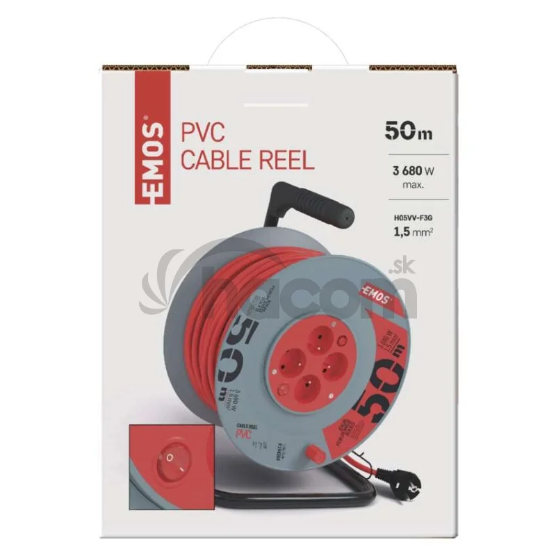 Predlžovací kábel na bubne 50 m / 4 zásuvky / s vypínačom / červený / PVC / 230V / 1,5 mm2