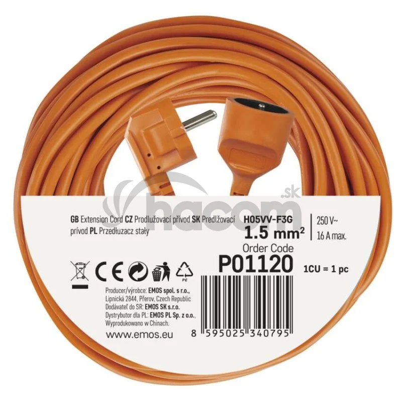 Predlžovací kábel 20 m / 1 zásuvka / oranžový / PVC / 230 V / 1,5 mm2