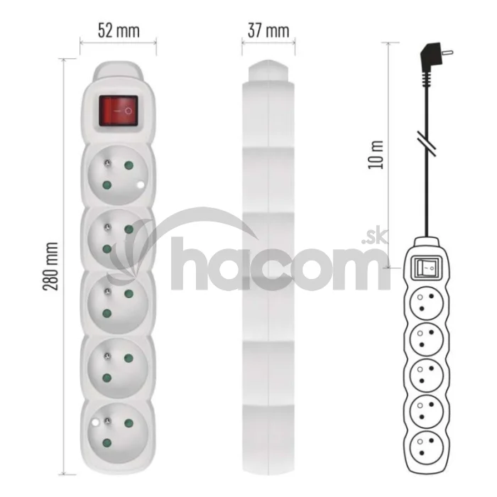 Predlžovací kábel 10 m / 5 zásuviek / s vypínačom / biely / PVC / 1 mm2