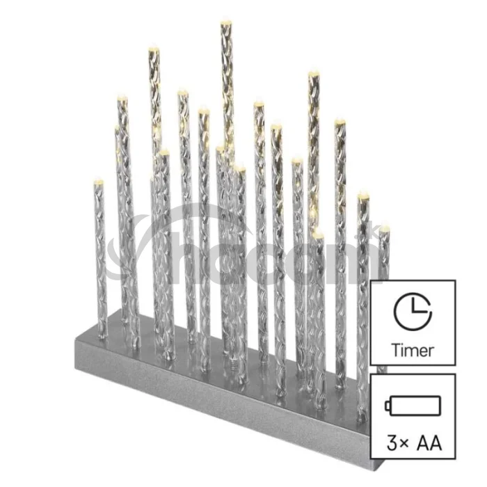 LED svietnik strieborný, 28,5 cm, 3x AA, vnútorný, teplá biela, časovač