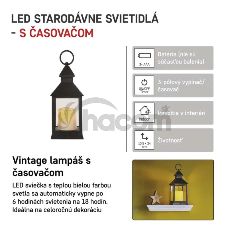 LED dekorácia – lampáš antik čierna blikajúca, 3x AAA, vnútorný, vintage, časovač