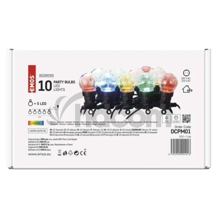LED svetelná reťaz – 10x párty žiarovky, 5 m, vonkajšia aj vnútorná, multicolor