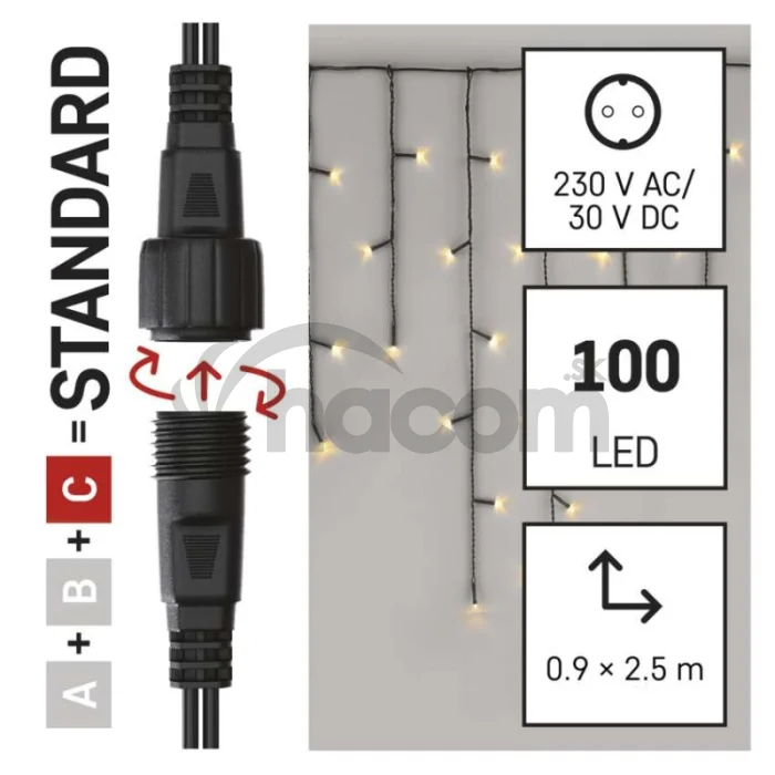 Standard LED spojovacia vianočná reťaz – cencúle, 2,5 m, vonkajšia, teplá biela