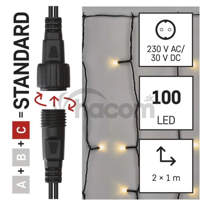 Standard LED spojovacia vianočná reťaz – záclona, 1x2 m, vonkajšia, teplá biela