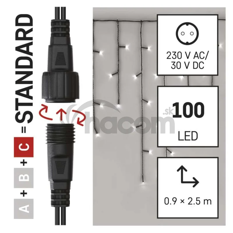Standard LED spojovacia vianoč. reťaz – cencúle, 2,5 m, vonkajšia, studená biela