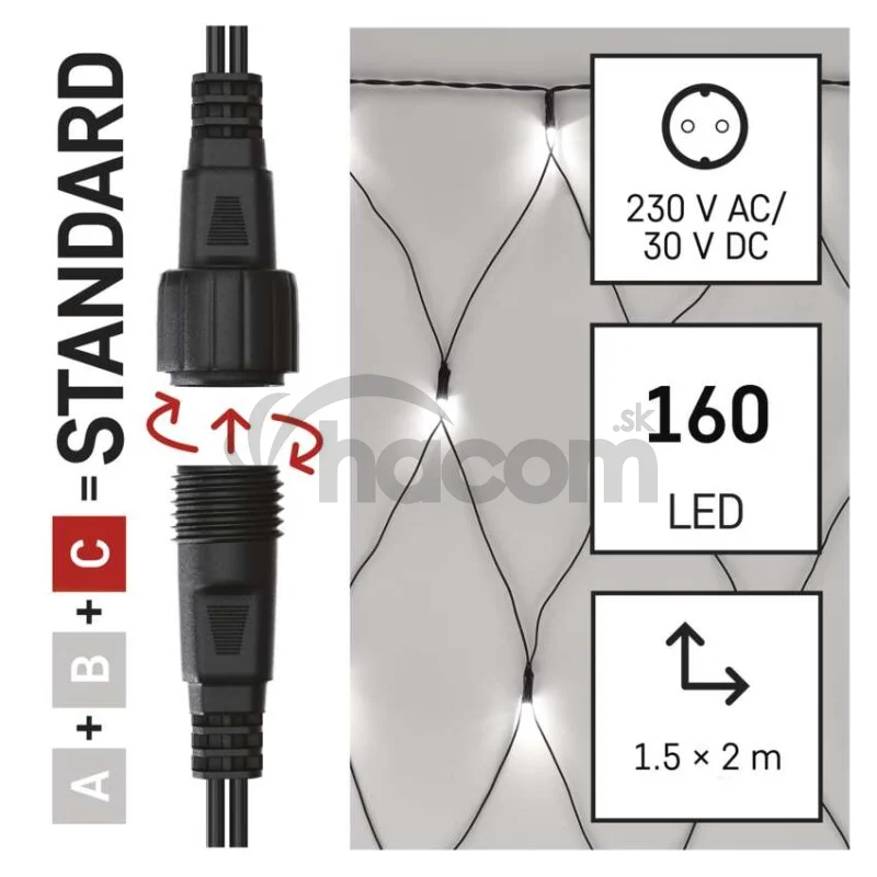 Standard LED spojovacia vianočná reťaz – sieť, 1,5x2 m, vonkajšia, studená biela