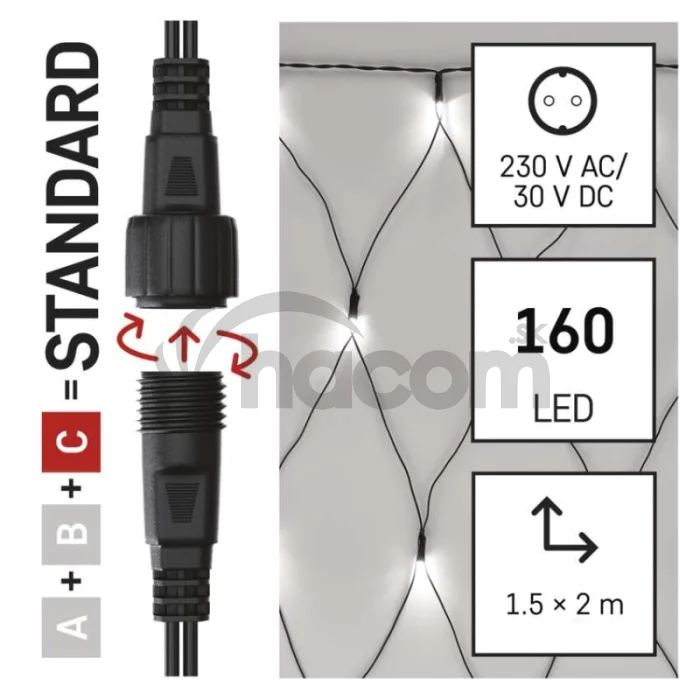 Standard LED spojovacia vianočná reťaz – sieť, 1,5x2 m, vonkajšia, studená biela