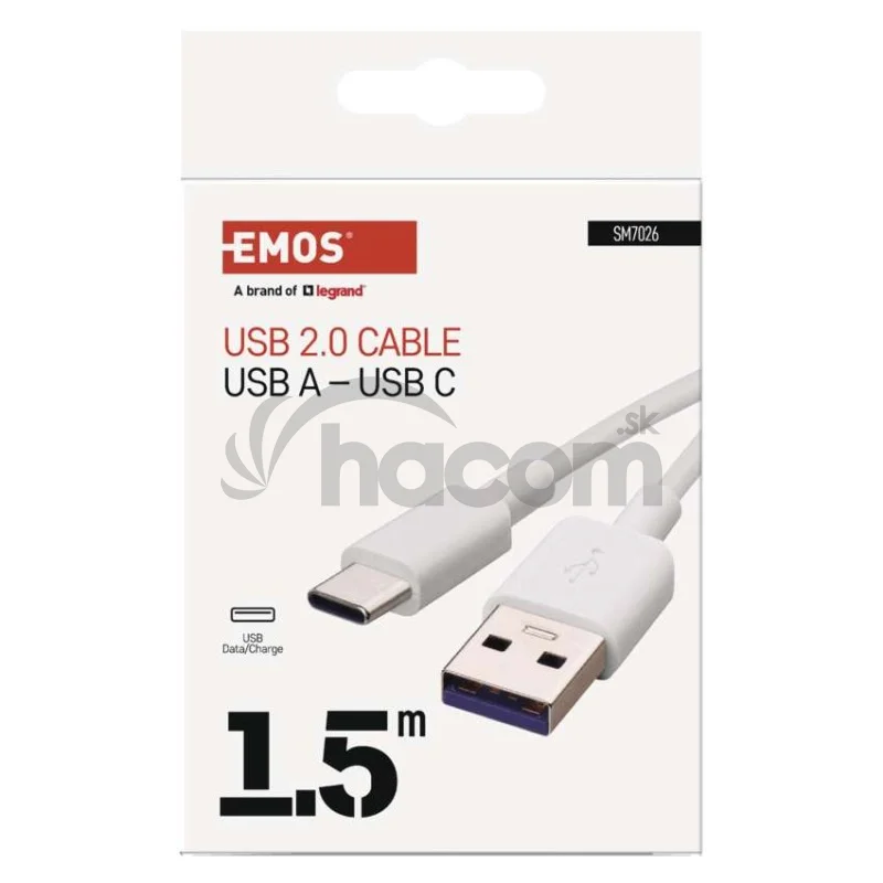 Nabíjací a dátový kábel USB-A 2.0 / USB-C 2.0, 1,5 m, biely
