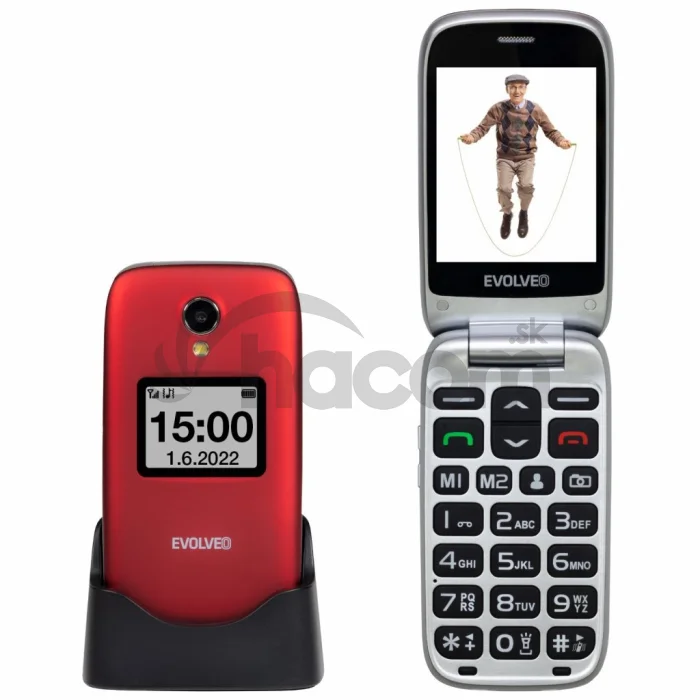 EVOLVEO EasyPhone FS, vyklápací telefón 2.8" pre seniorov s nabíjacím stojanom (červená farba)