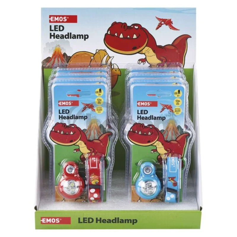 Detská LED čelovka Dino, 2× CR2032, 8 ks, display box