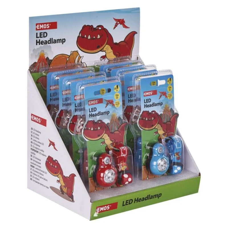 Detská LED čelovka Dino, 2× CR2032, 8 ks, display box