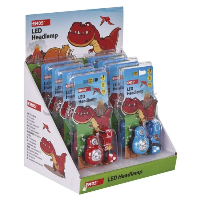 Detská LED čelovka Dino, 2× CR2032, 8 ks, display box