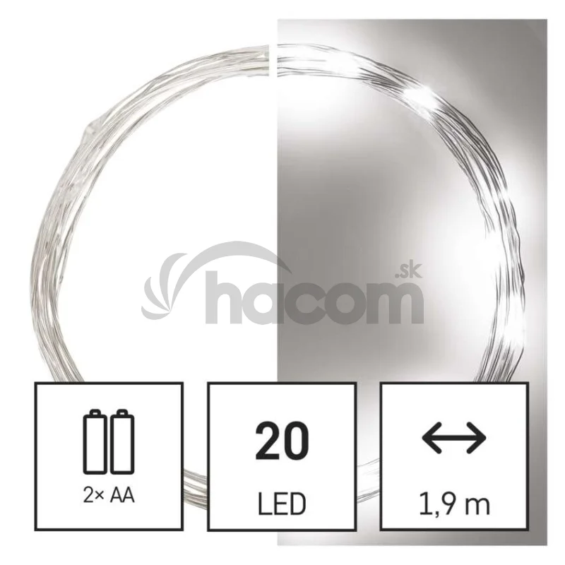 LED vianočná nano reťaz, 1,9 m, 2x AA, vnútorná, studená biela, časovač