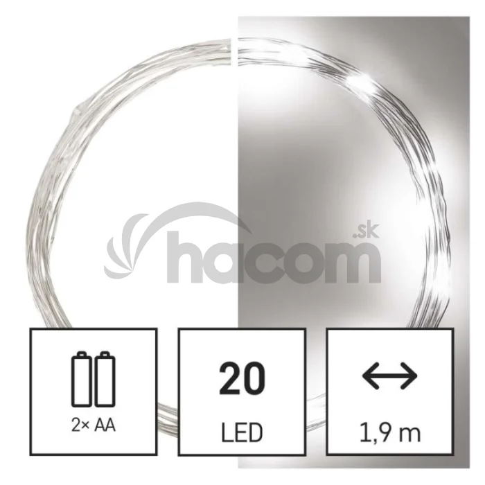 LED vianočná nano reťaz, 1,9 m, 2x AA, vnútorná, studená biela, časovač