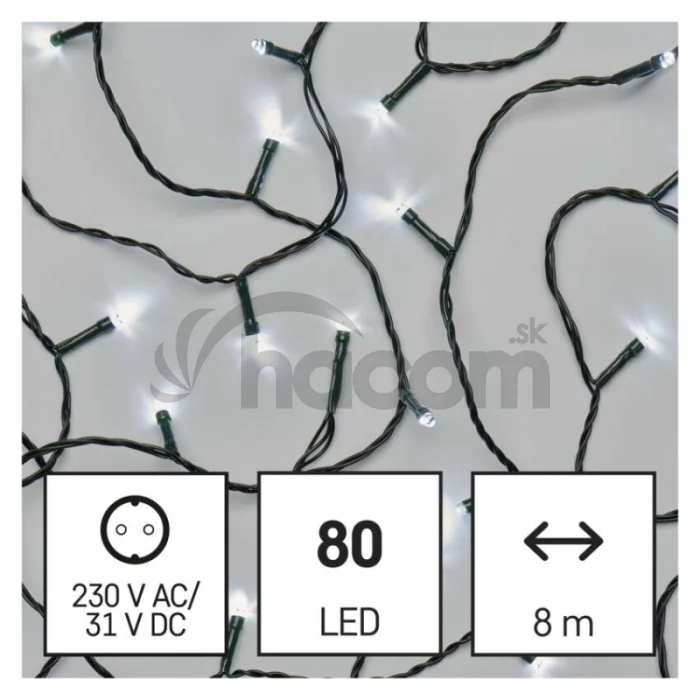 LED vianočná reťaz, 8 m, vonkajšia aj vnútorná, studená biela, časovač