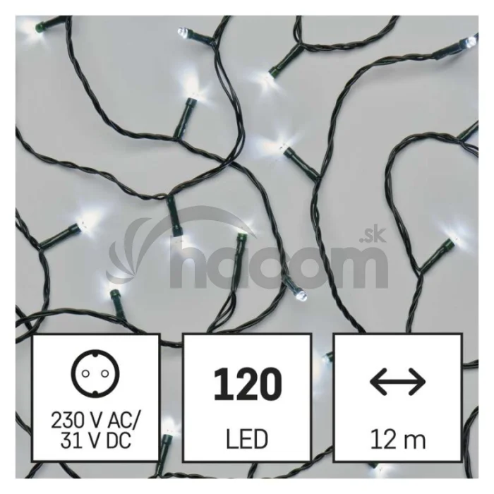 LED vianočná reťaz, 12 m, vonkajšia aj vnútorná, studená biela, časovač